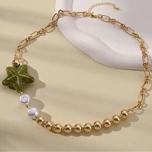 Star Charm Beaded Necklace – Gold Tone Asymmetrical Chain Statement Necklace